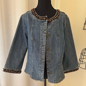 Nine West Y2k Denim Jacket Large Beaded Trim 3/4 Sleeve Button Up Boho Preppy